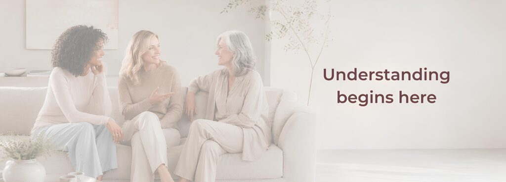 Three women talking together, representing calm, research-informed perimenopause support.